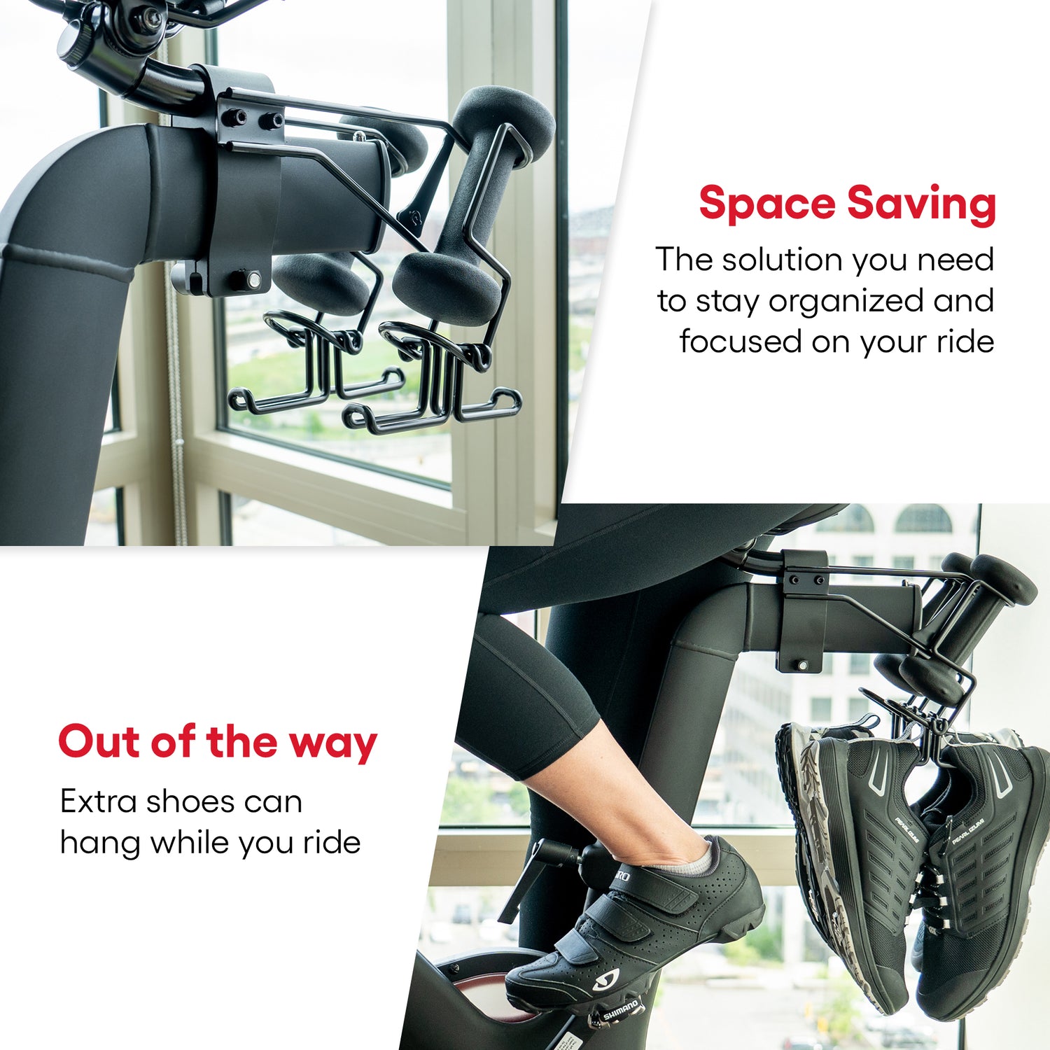 Space saving and out of the way shoe hooks for Peloton.