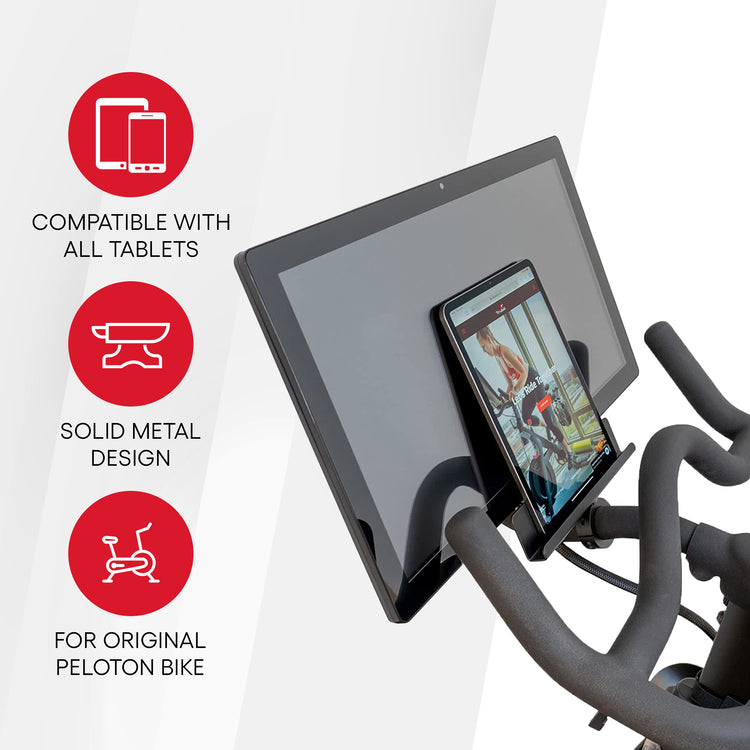 Compatible with all tablets, solid metal design, designed for the original peloton bike