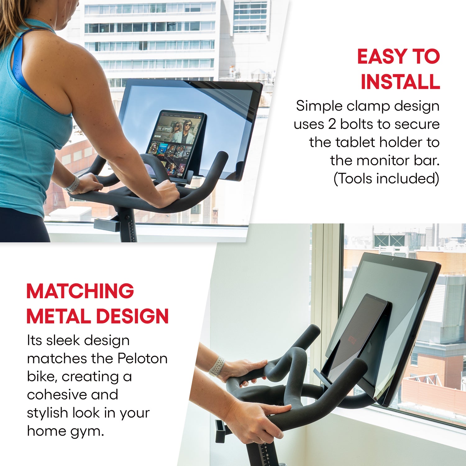 Peloton tablet holder - easy to install and matches the Peloton bike's metal design