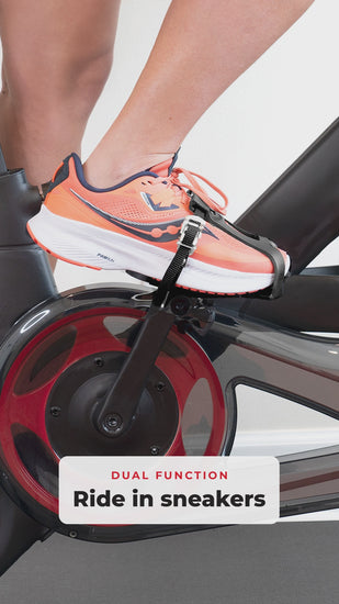 Toe Cages in action: ride in sneakers or clip in, go from bike to floor in the same shoes, and share one bike