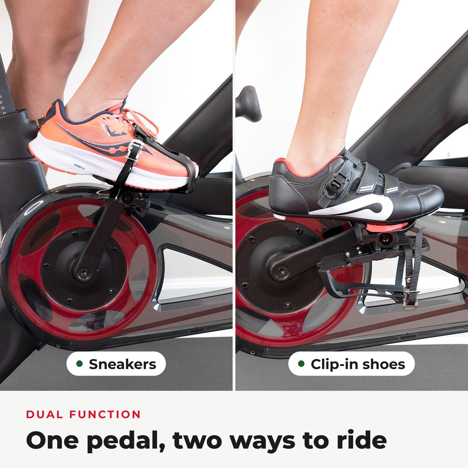 Toe Cages on a Peloton pedal with a sneaker and with a clip-in cycling shoe