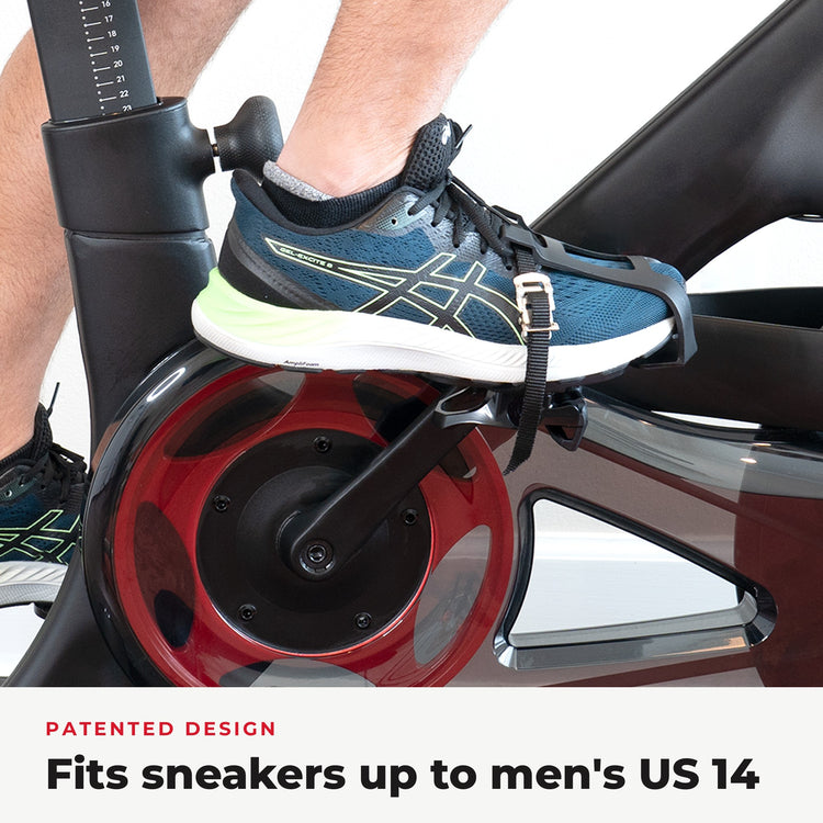 Close-up of a sneaker strapped into the patented Toe Cage, fits up to men's US 14