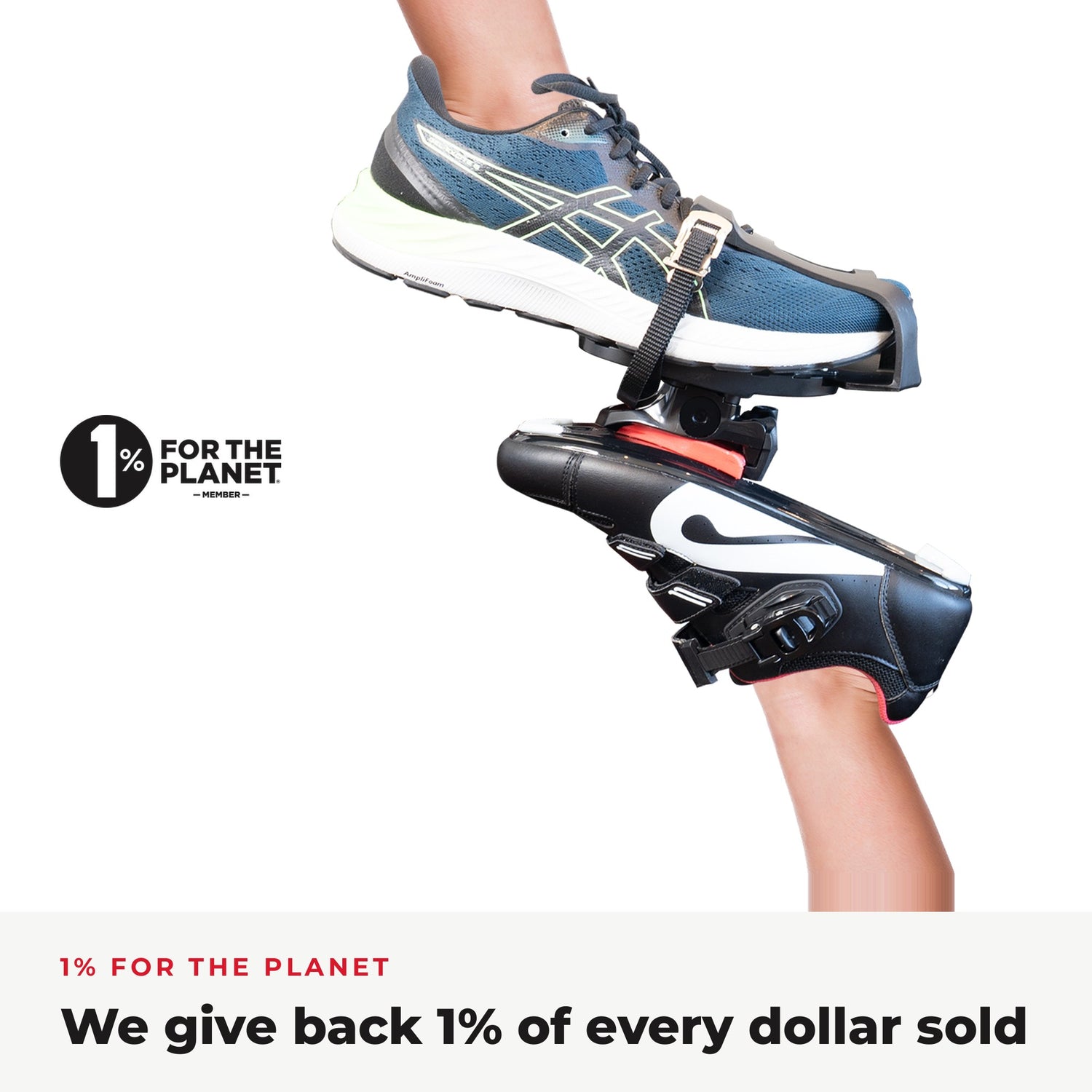 Both sides of the pedal: sneaker in the Toe Cage and clip-in shoe; TrubliFit is a 1% for the Planet member