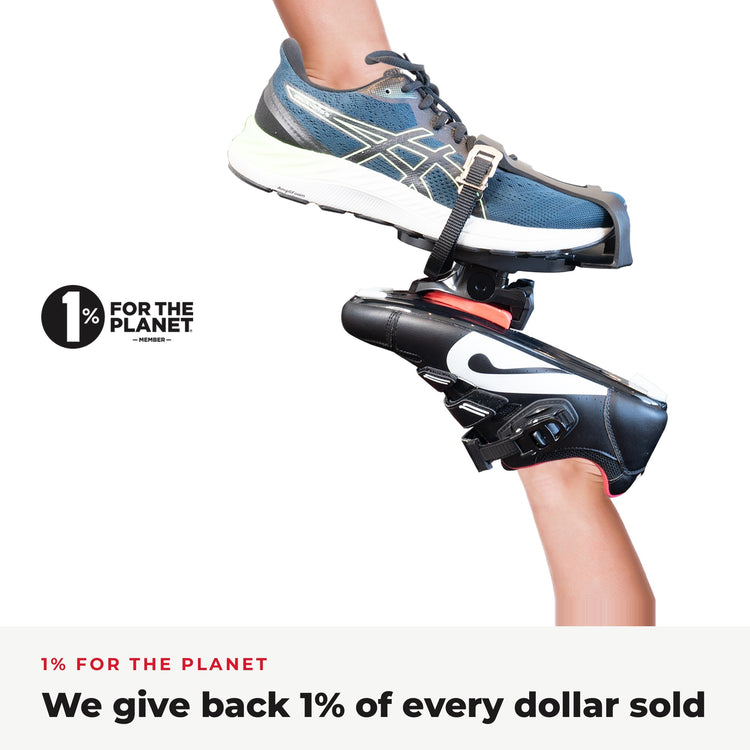 Both sides of the pedal: sneaker in the Toe Cage and clip-in shoe; TrubliFit is a 1% for the Planet member